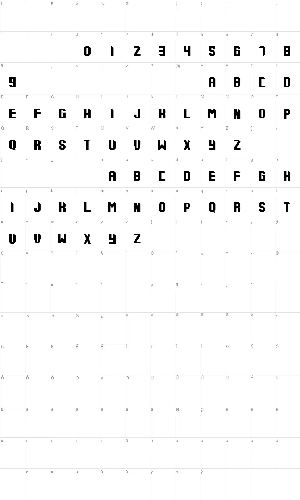 Tups 000font character map