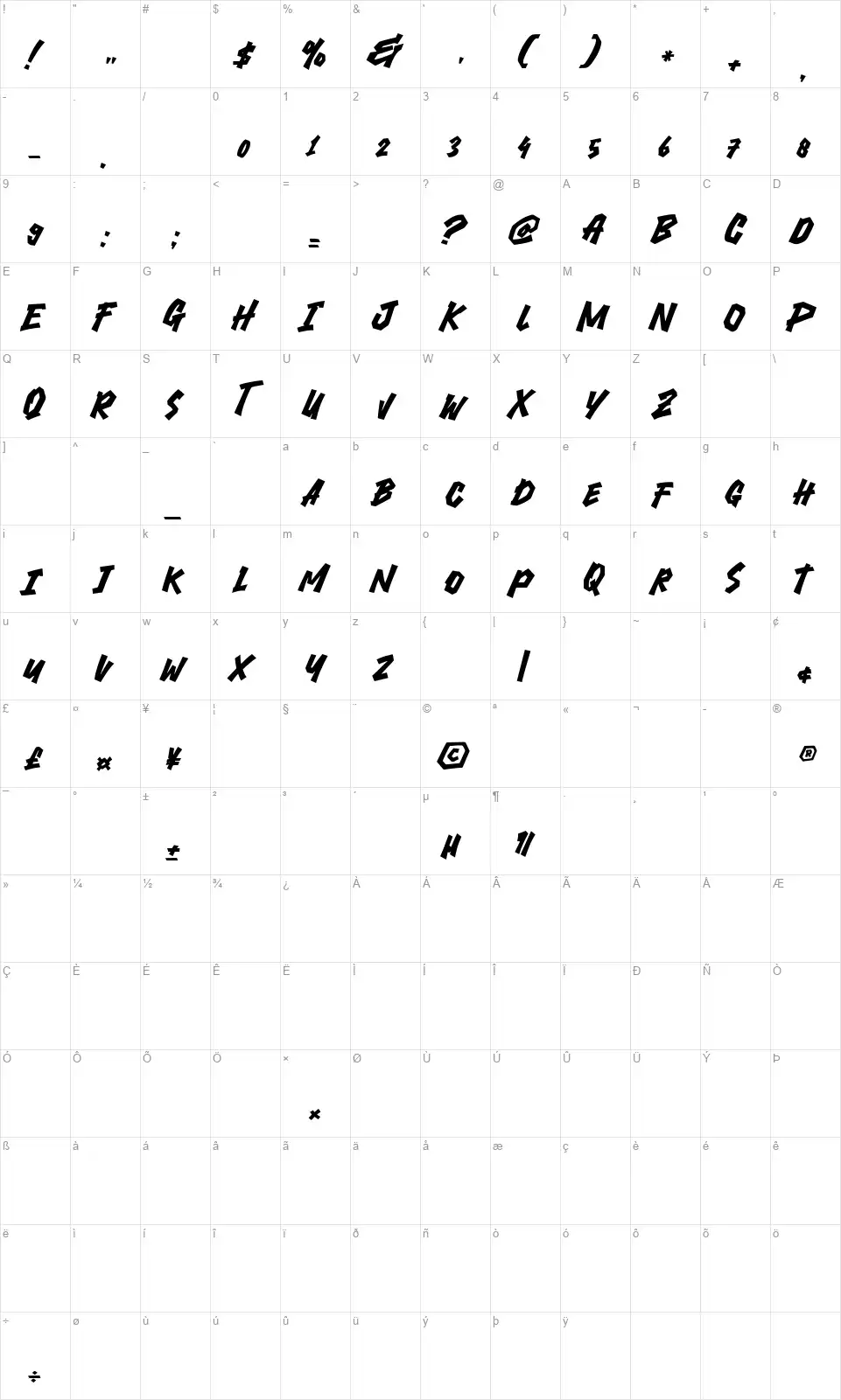 Under Subwayfont character map