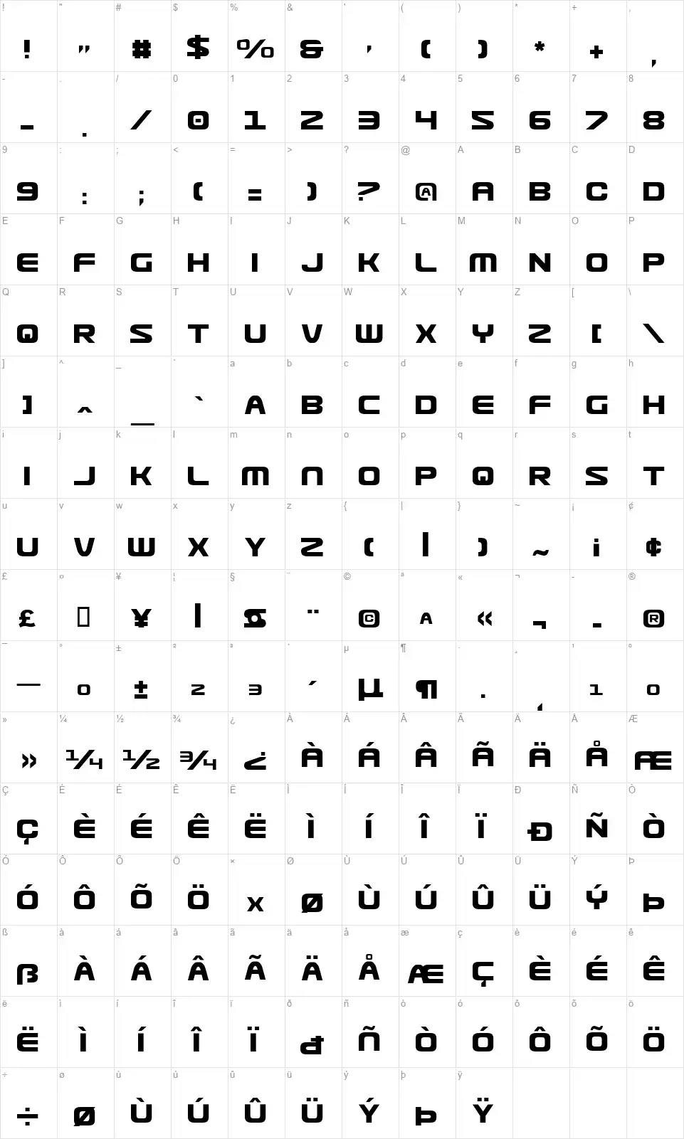 Usuzifont character map