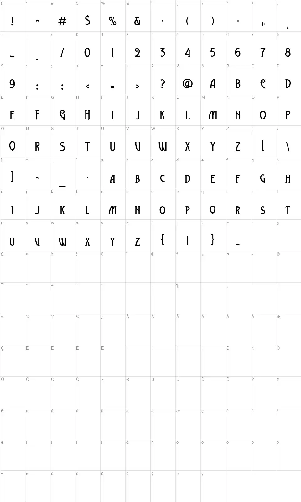 Vallelyfont character map