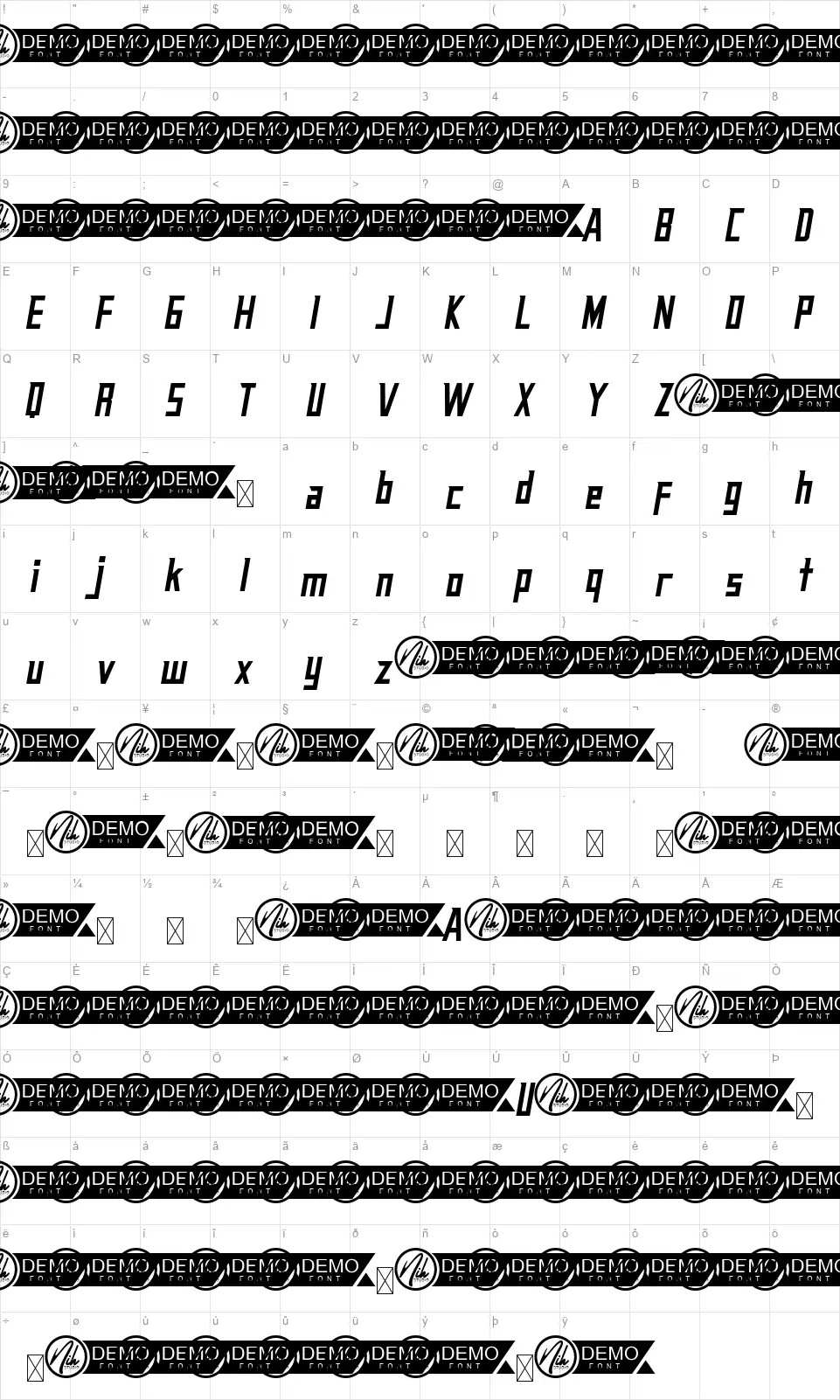 Vanisherfont character map