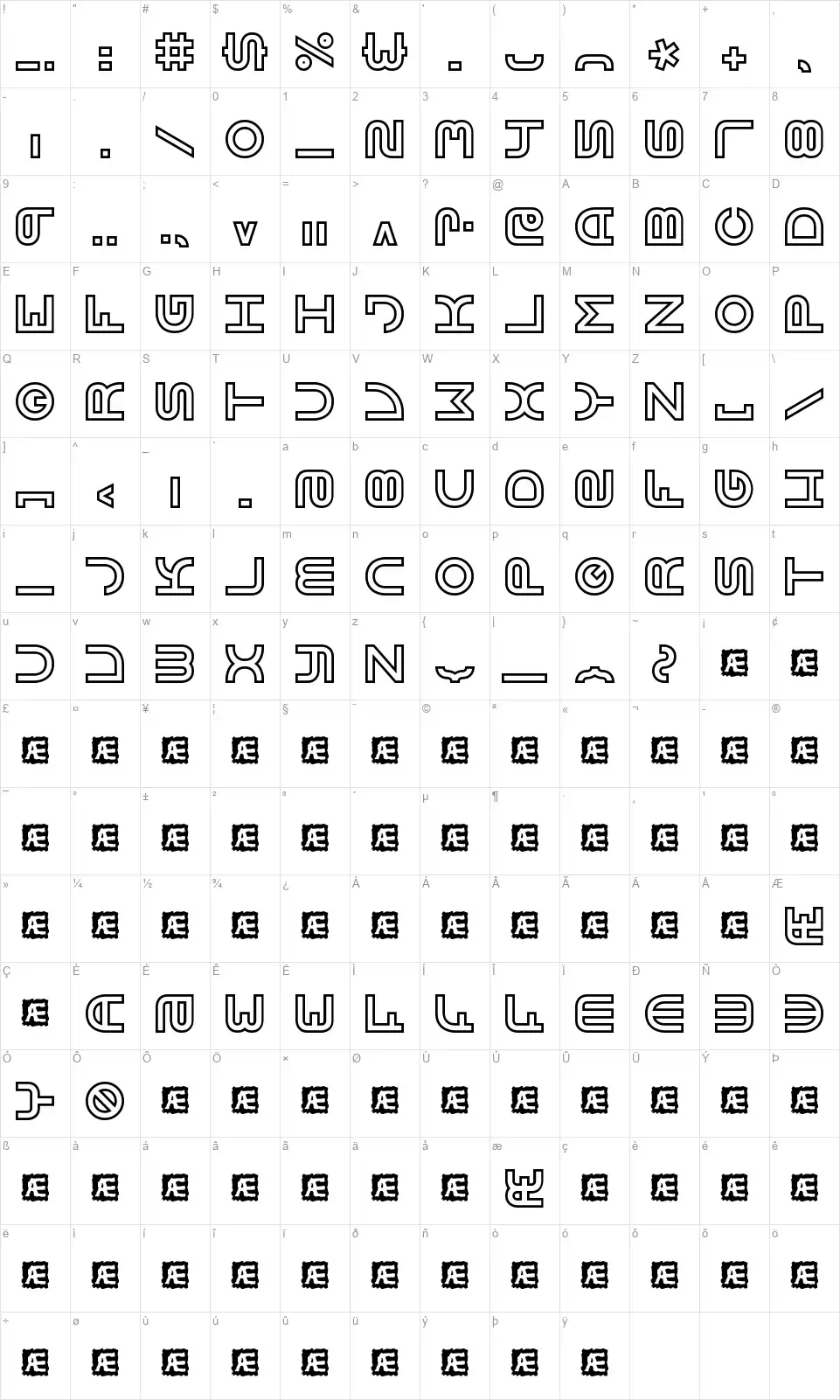 Vertigofont character map