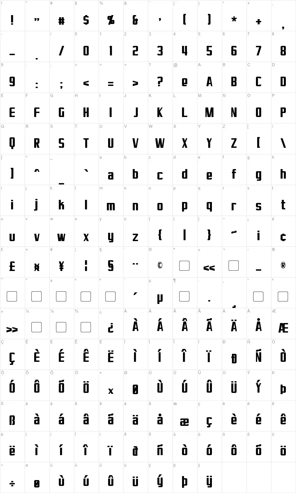 Virtucorpfont character map