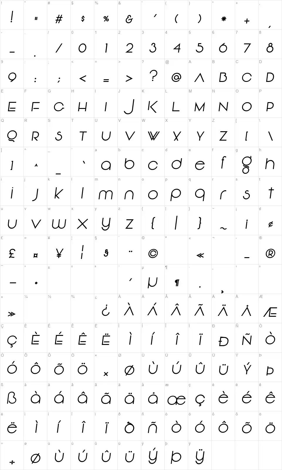 Vonique 92font character map