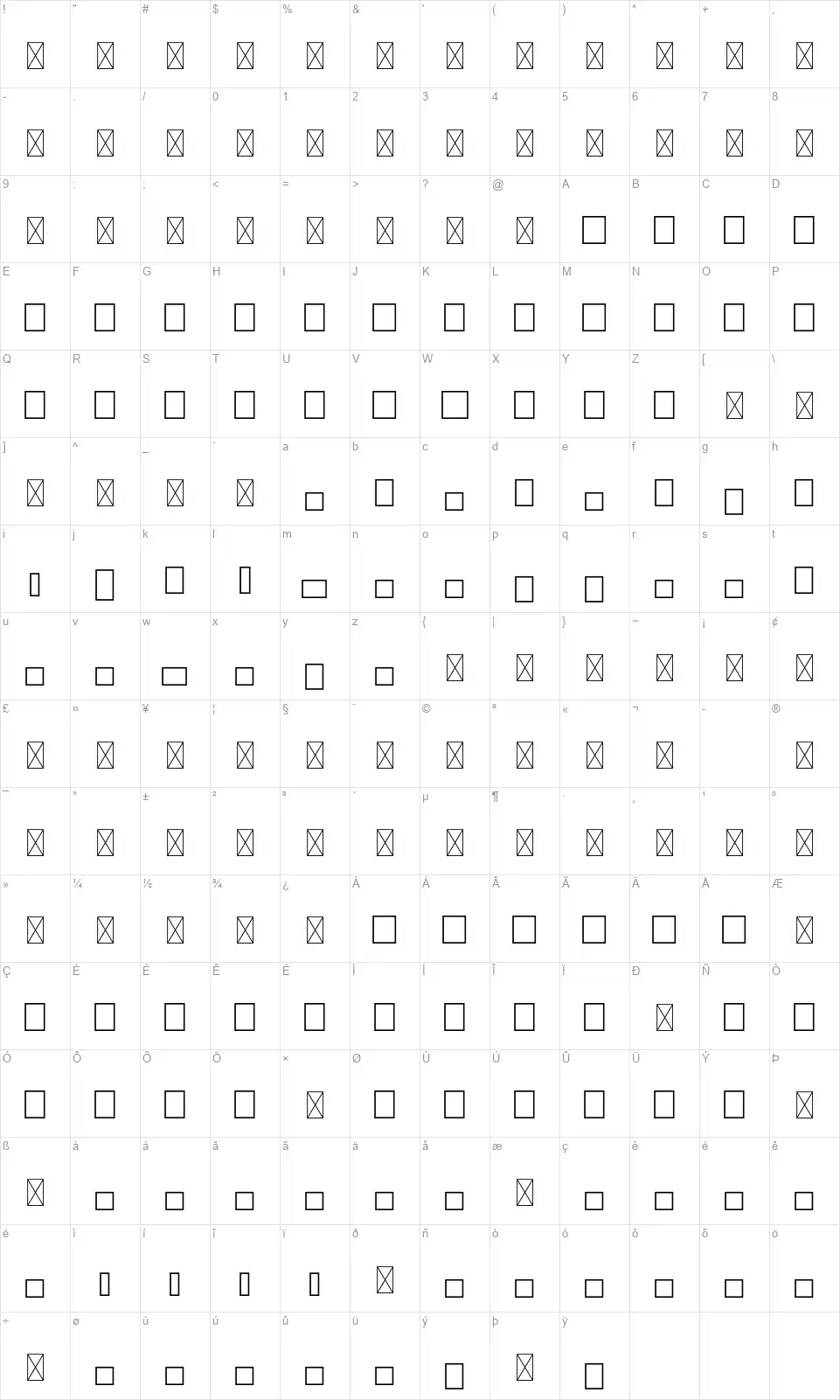 VRYN Letterboxfont character map