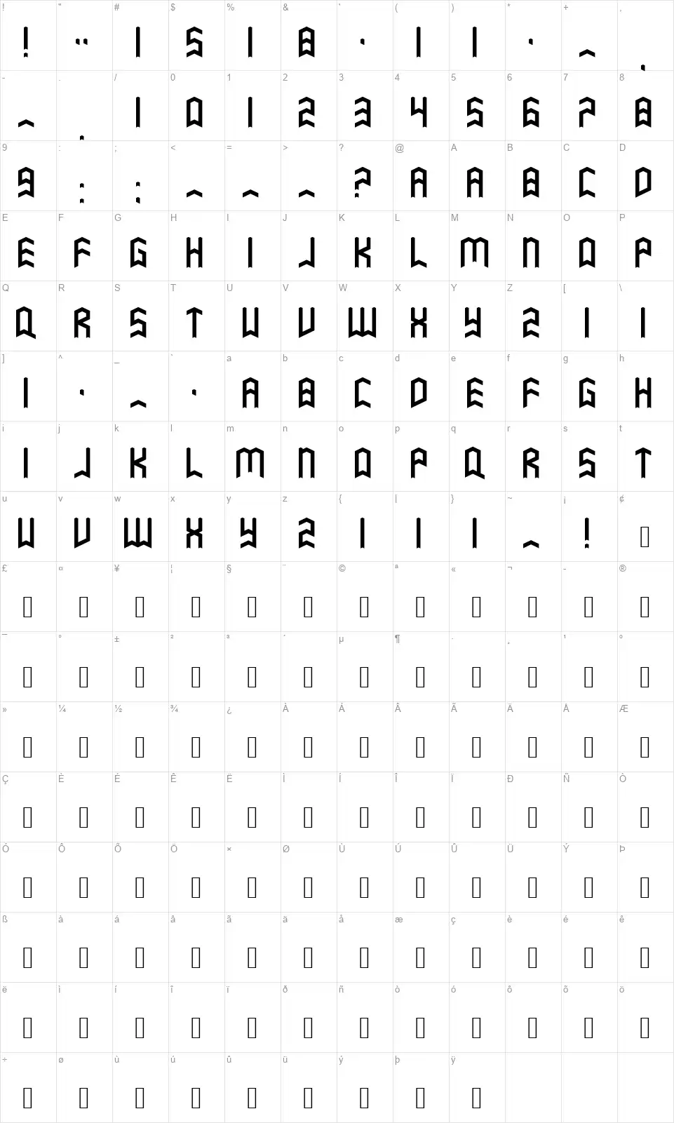 Vympelfont character map