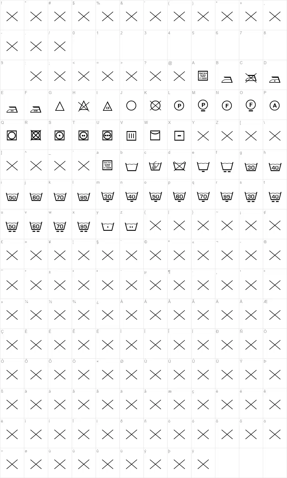 Wash Care Symbols Classic M54font character map
