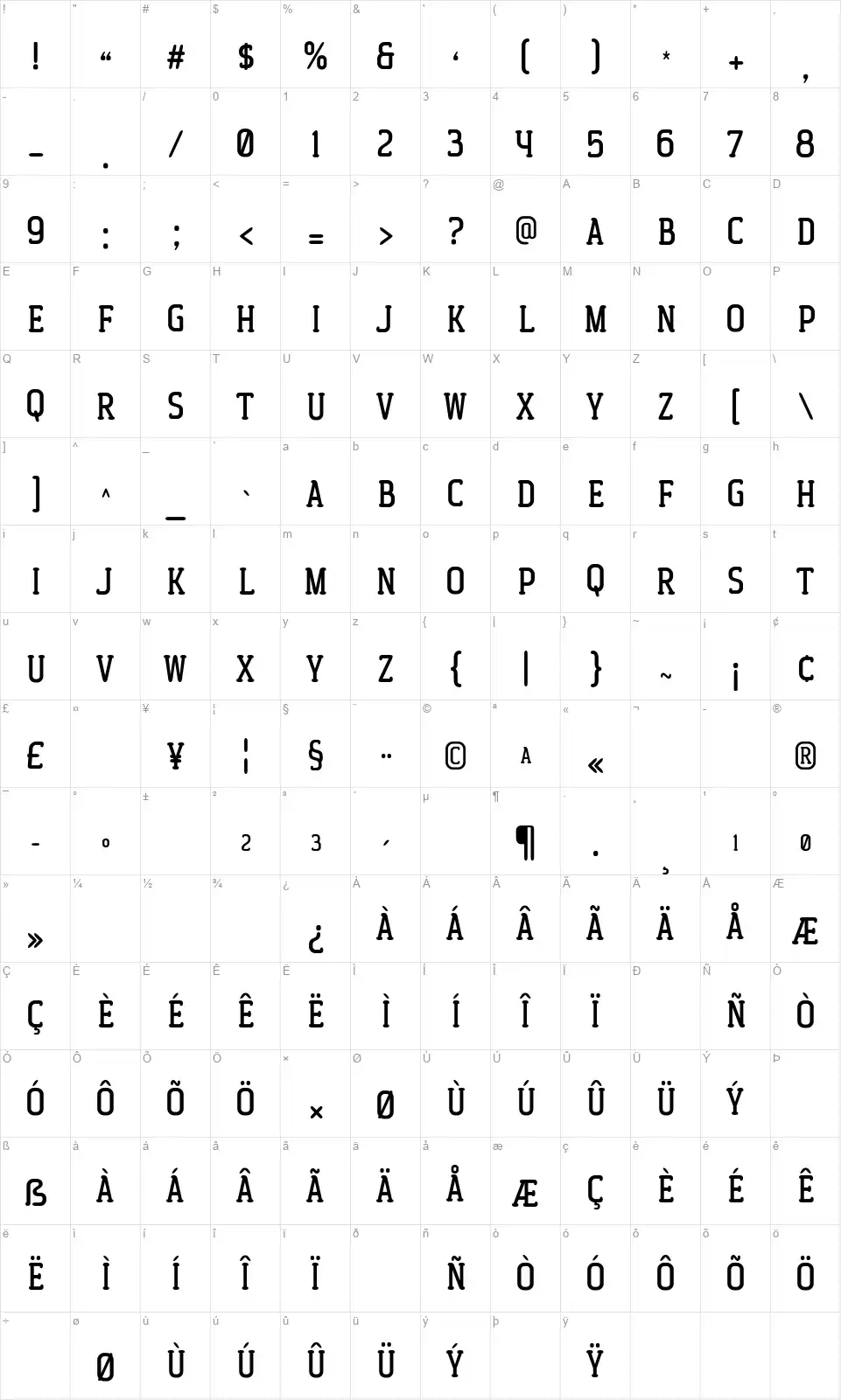 Westryder Slabfont character map