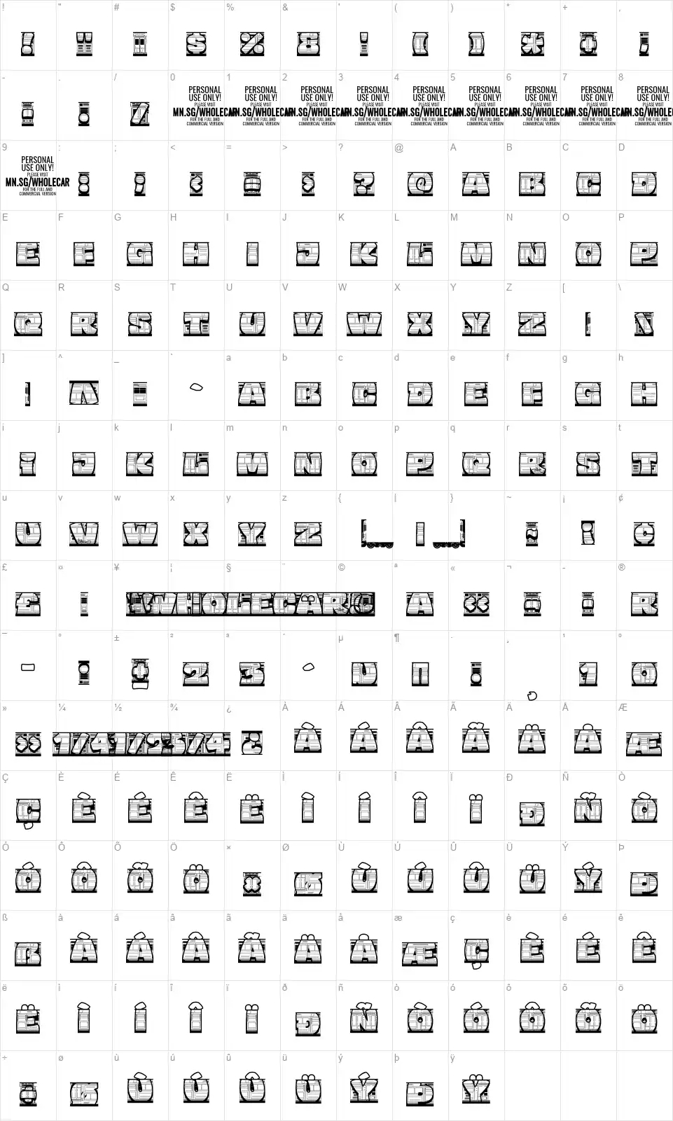 Wholecarfont character map
