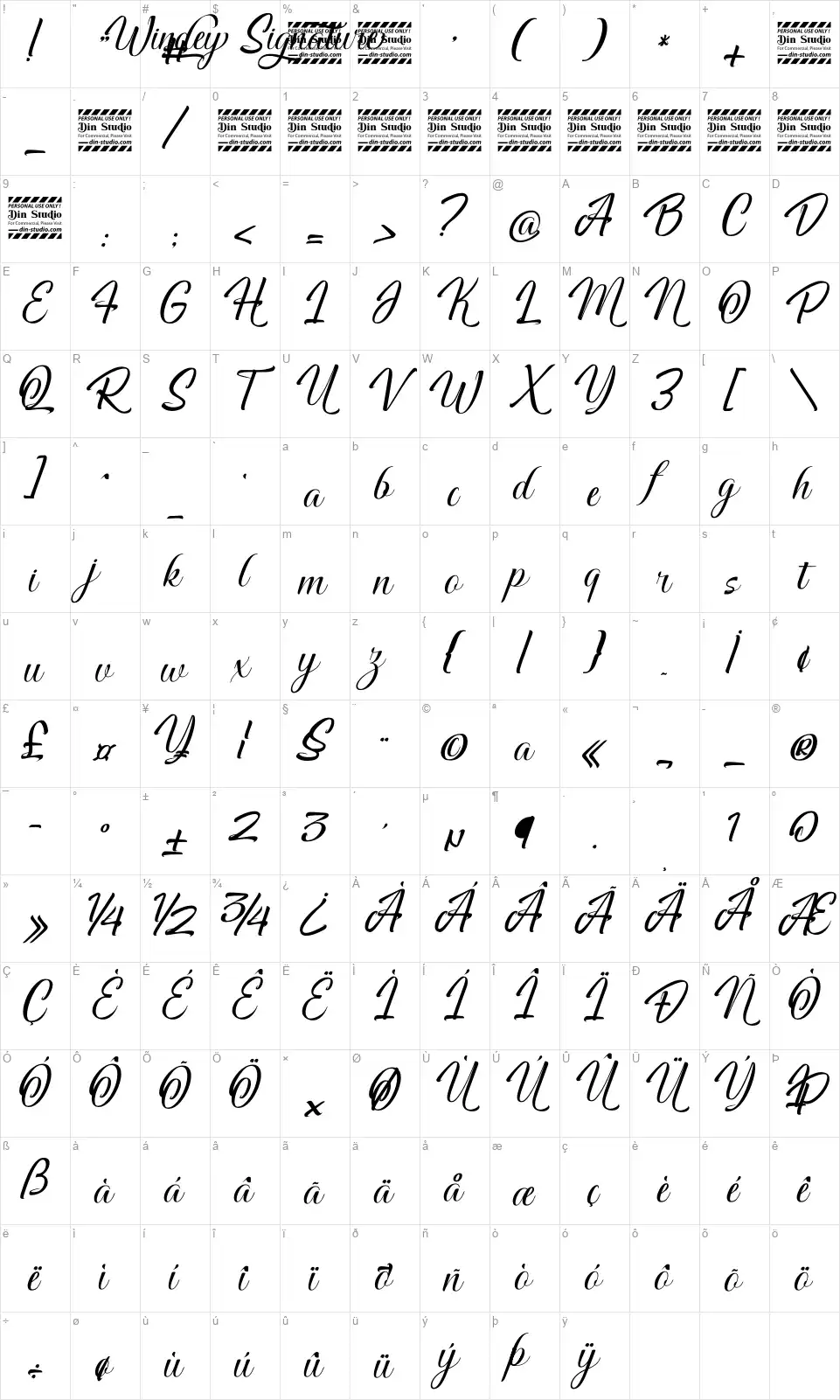 Windey Signaturefont character map