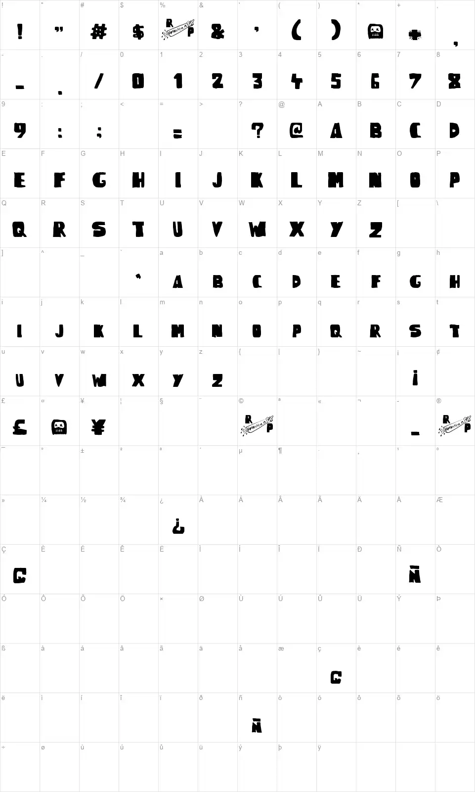 Woodcutter Rude Pressfont character map