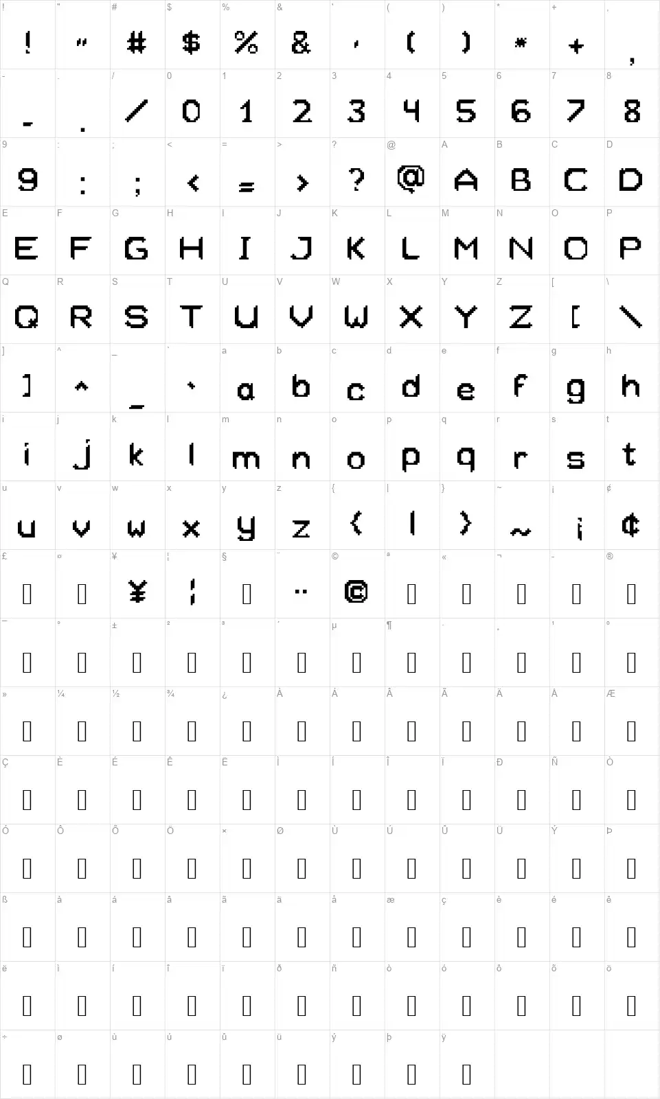 Xeliardfont character map