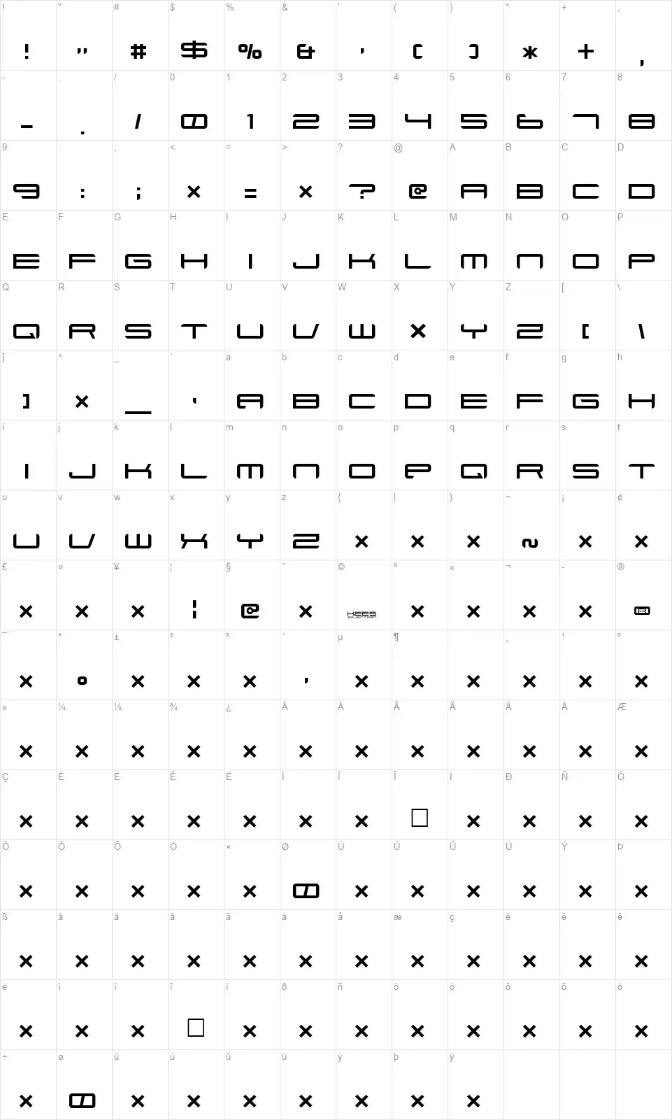 Xenotronfont character map