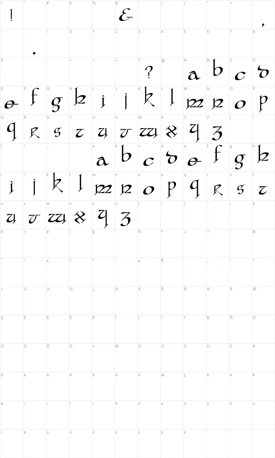 Yafitfont character map
