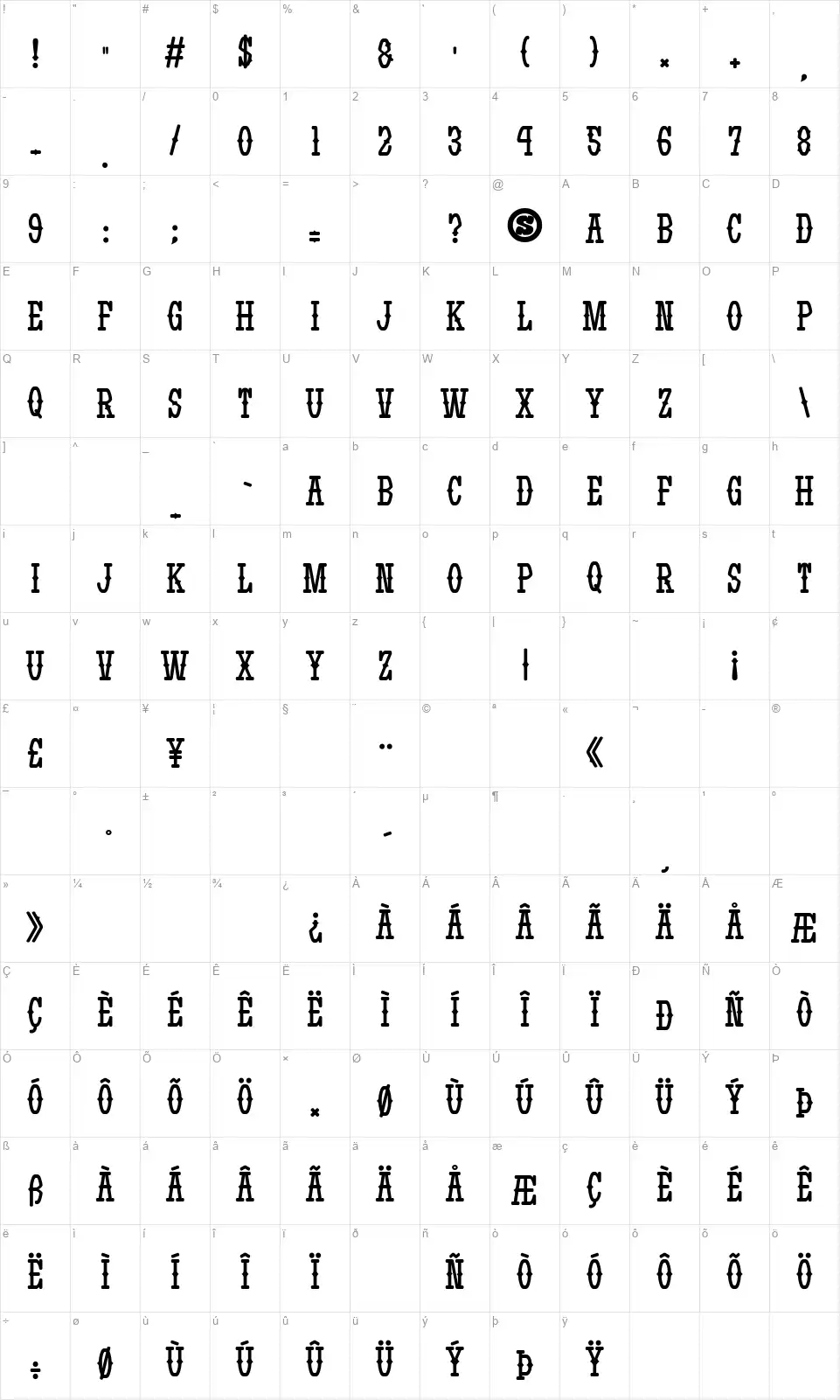 Yatsurano Westernfont character map
