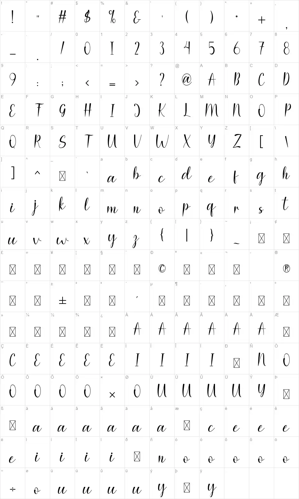 Yellow Displayfont character map