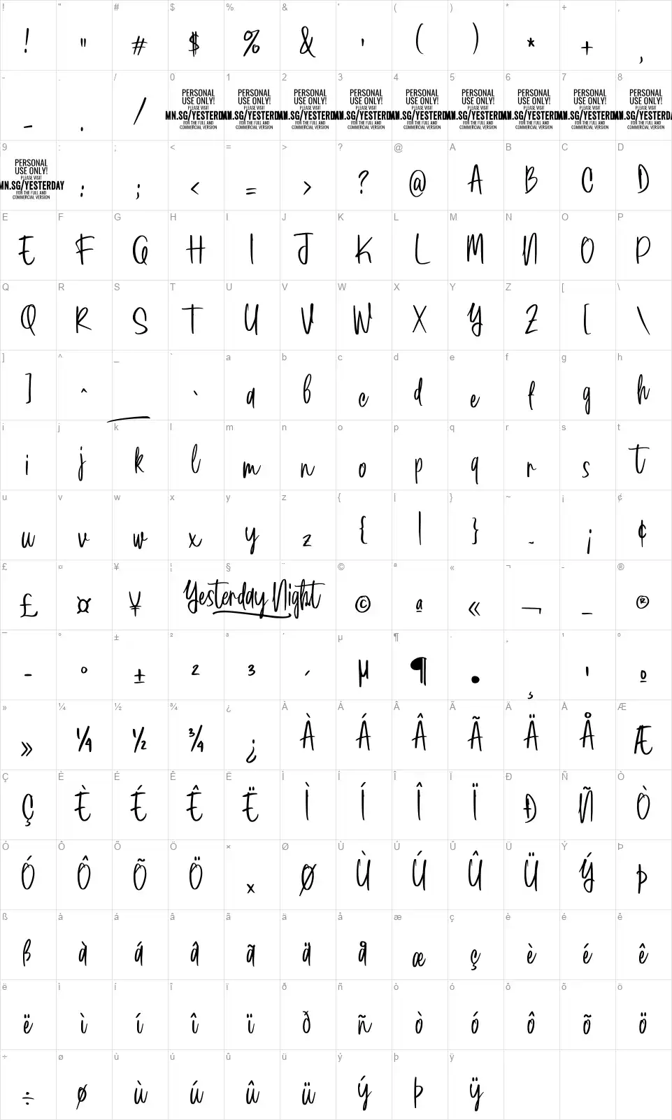 Yesterday Nightfont character map