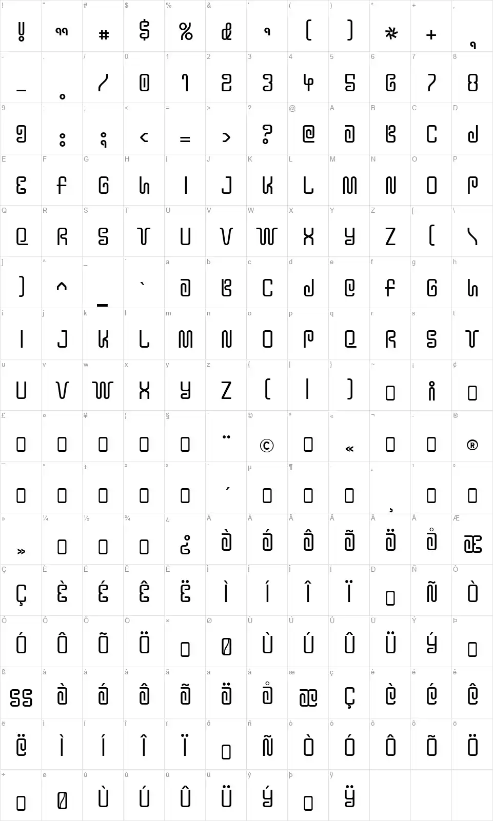 YTwoKBug-Regularfont character map