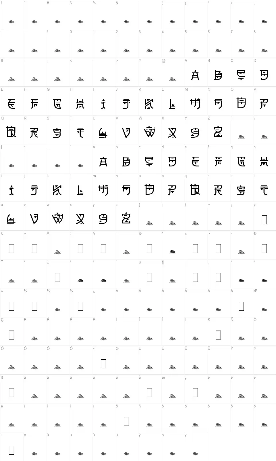 Zilap Orientalfont character map