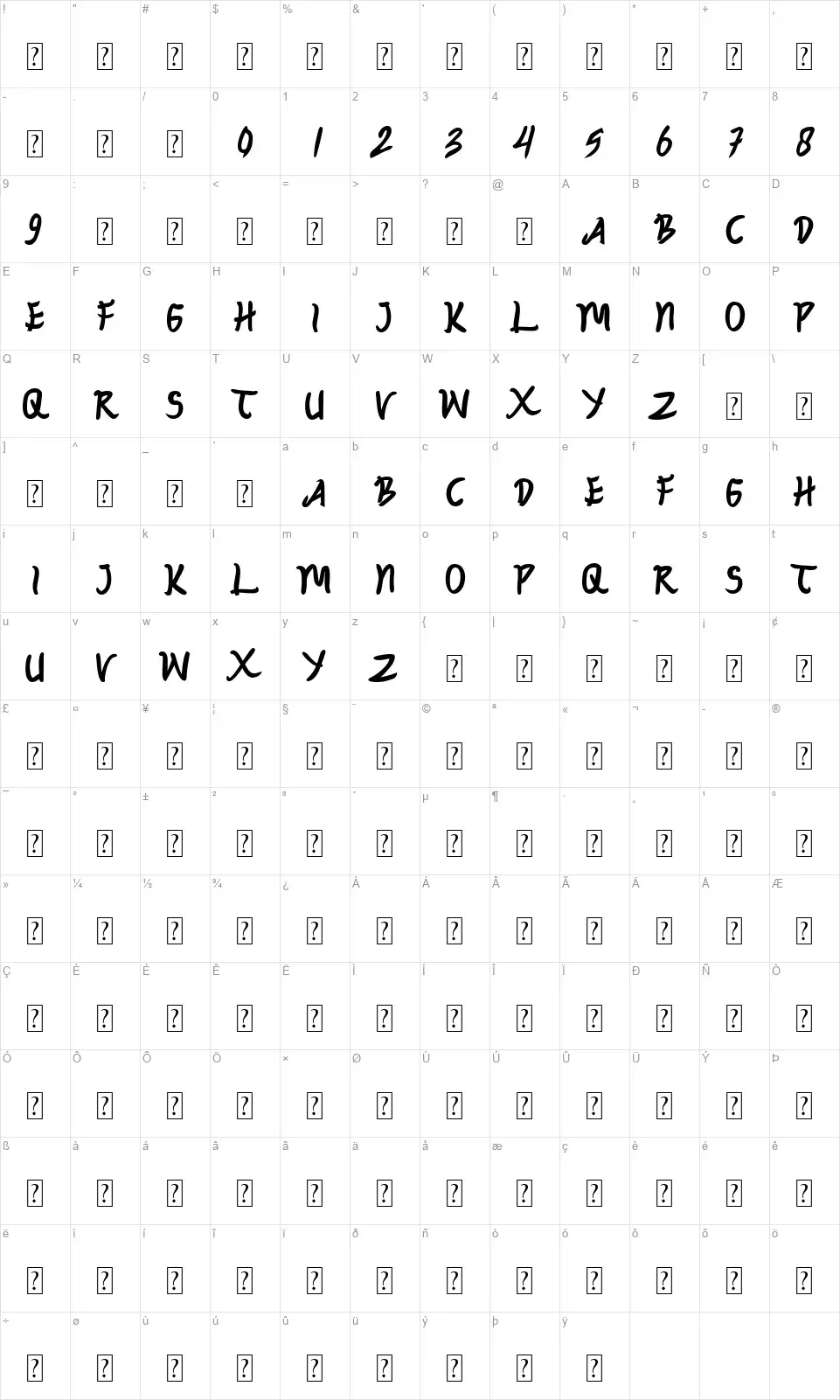 Zojihunfont character map