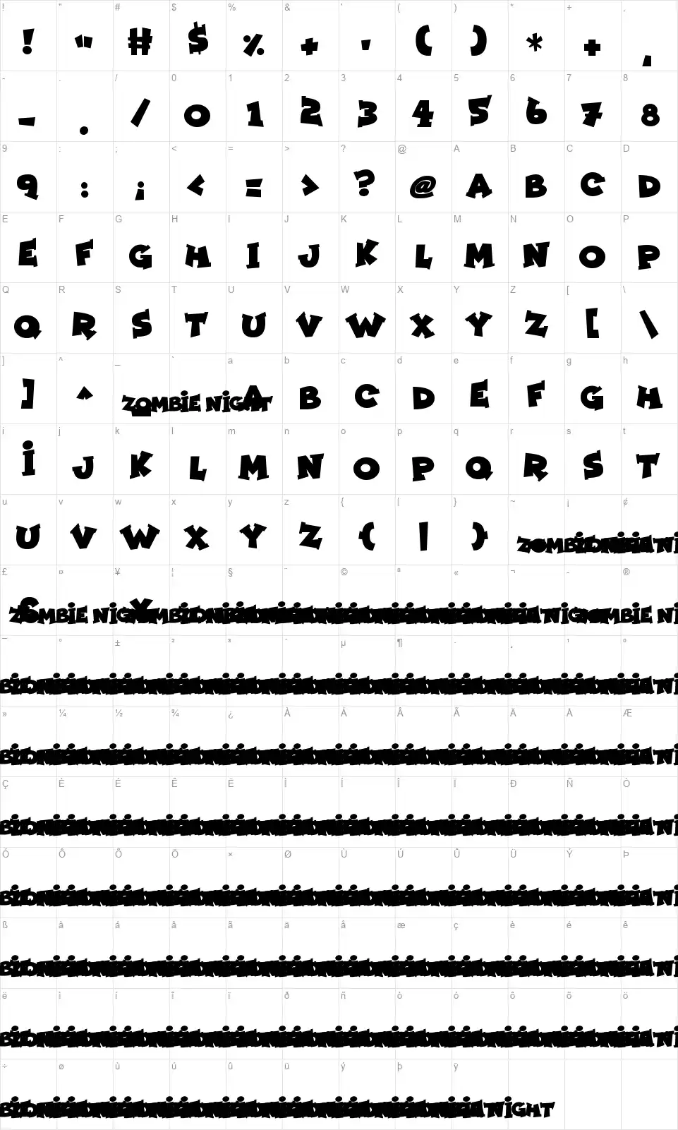 Zombie Nightfont character map