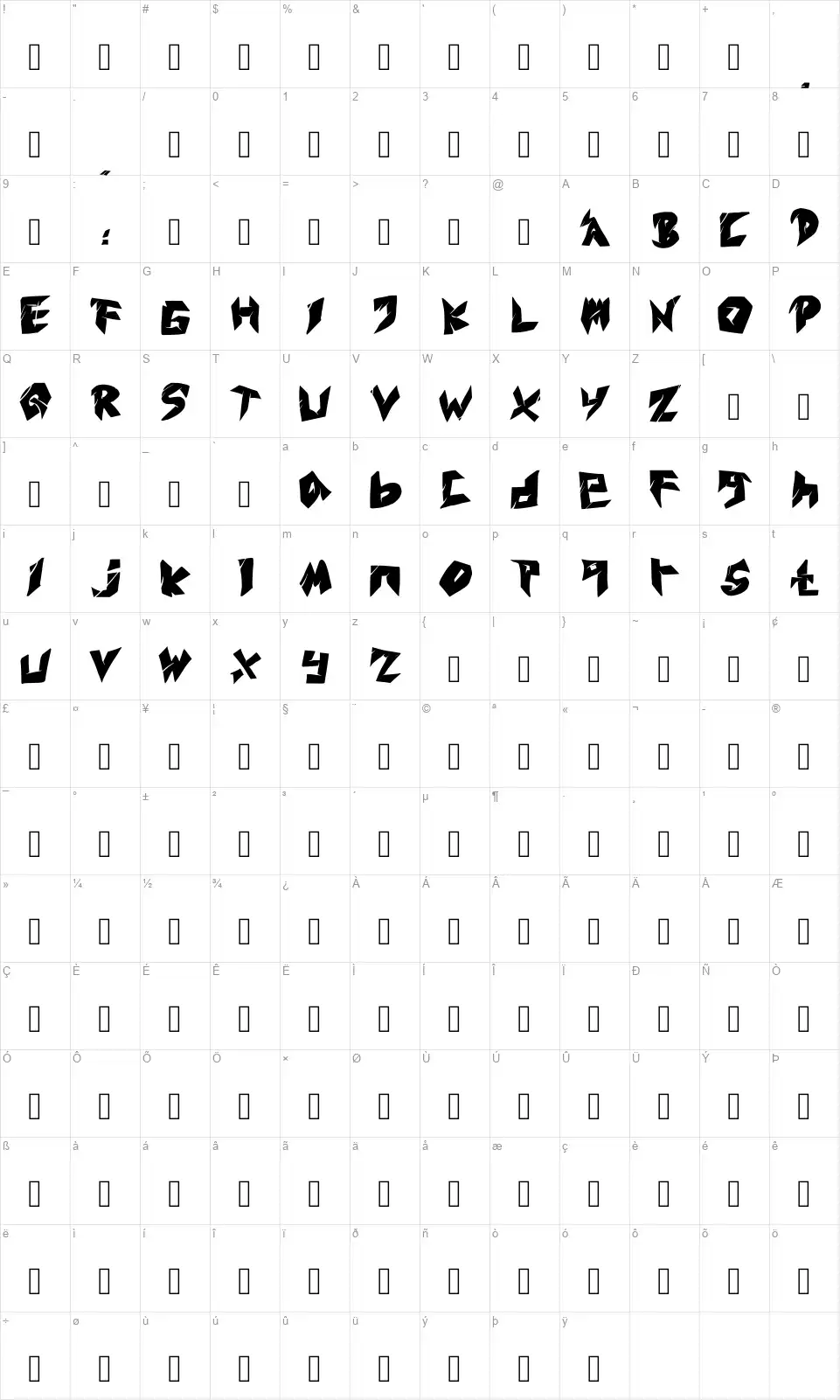 Zubrutalfont character map